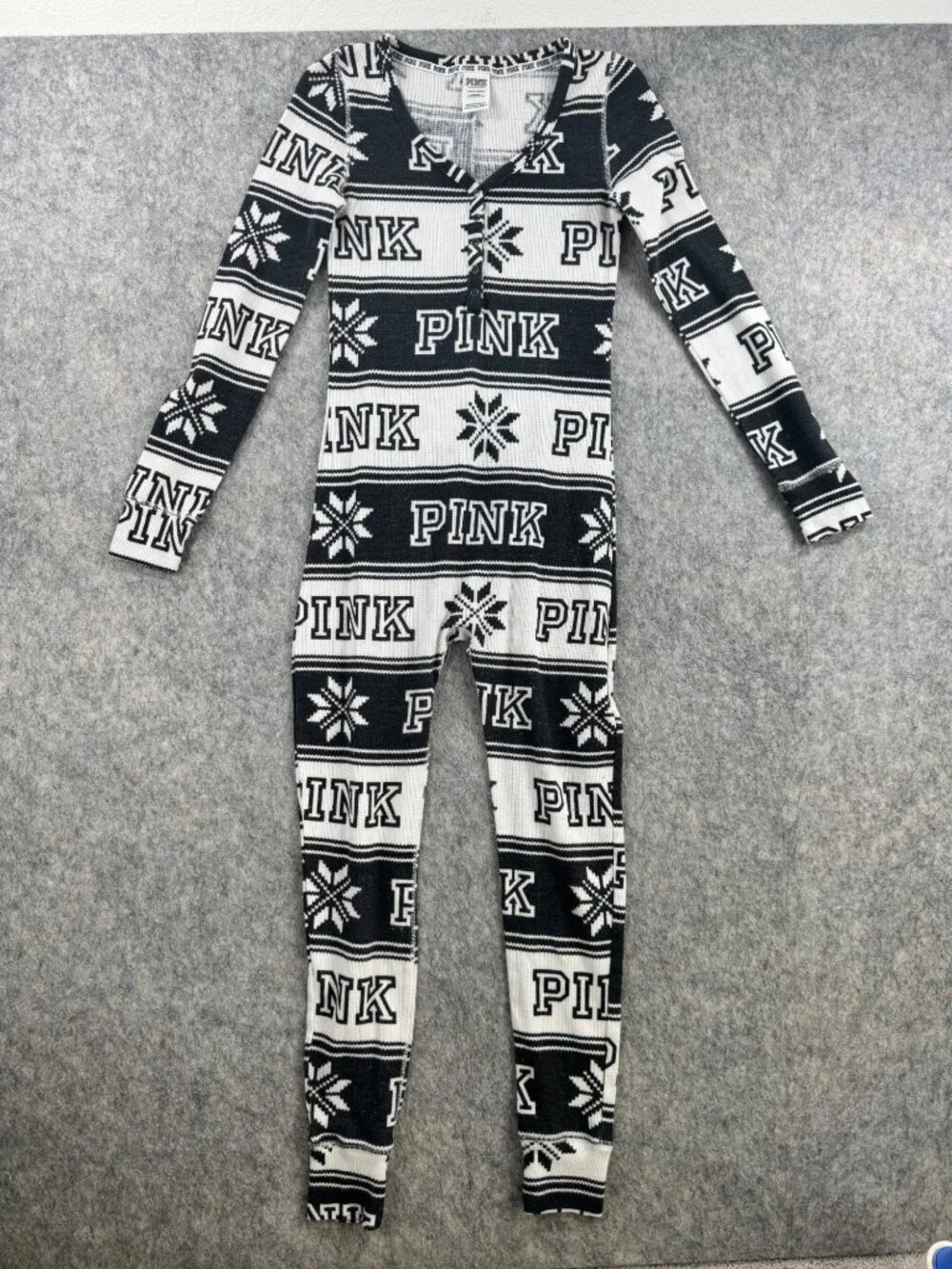 PINK Victorias Secret Pajama Jumpsuit Thermal Sz S One Piece Snowflake Stripe